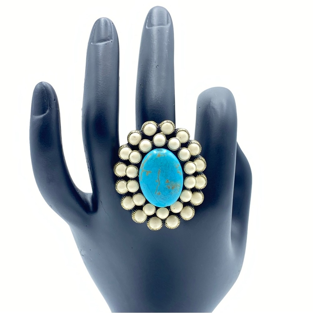 Vintage Ollipop Antiqued Gold Tone Turquoise Enamel Cocktail Ring Bohemian Chic